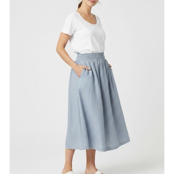 Garnet Hill Pull On Midi Linen Skirt size XL Blue Smocked Waist Side Pockets - Picture 1 of 9
